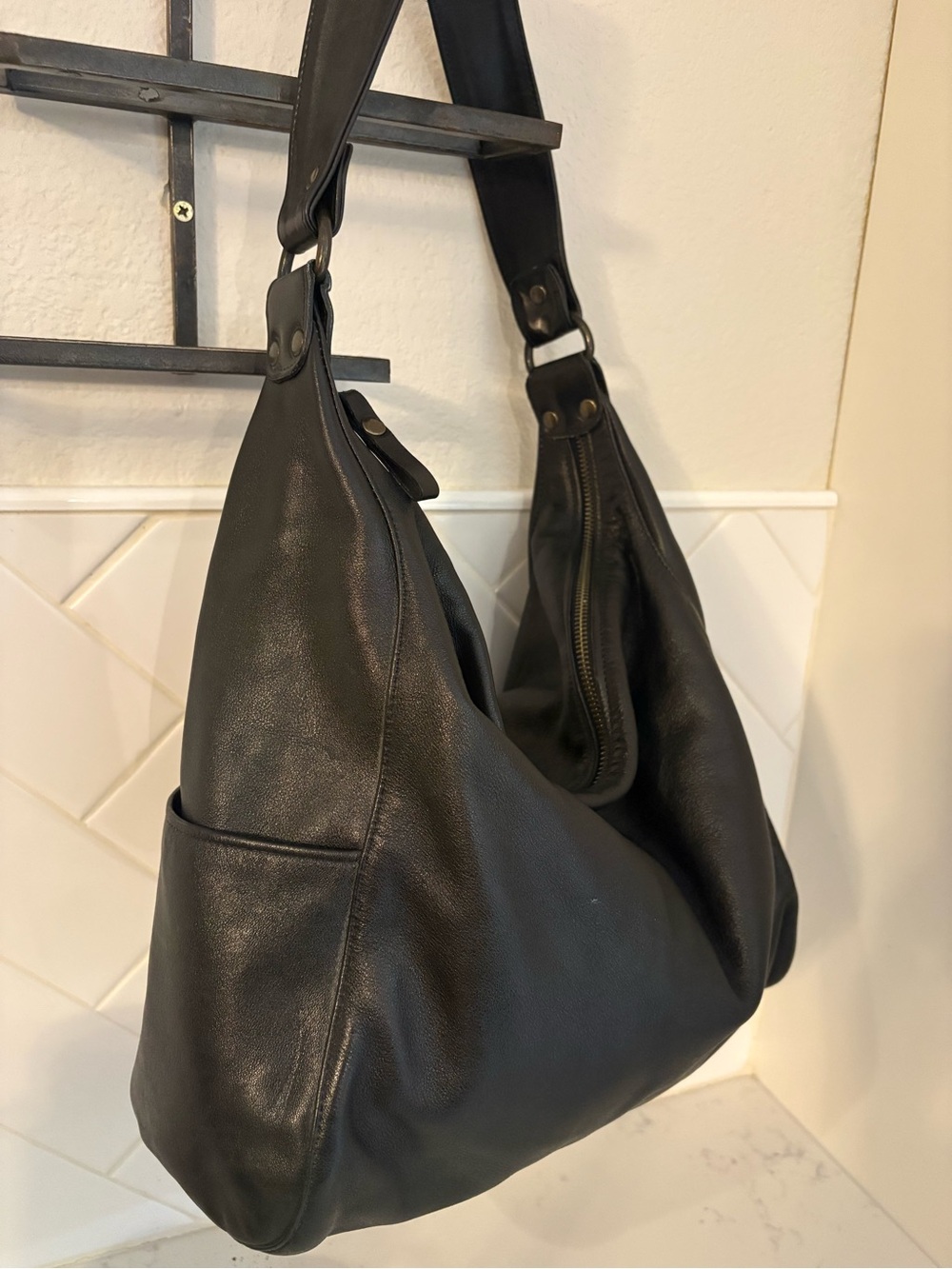 Eileen Fisher black leather hobo bag